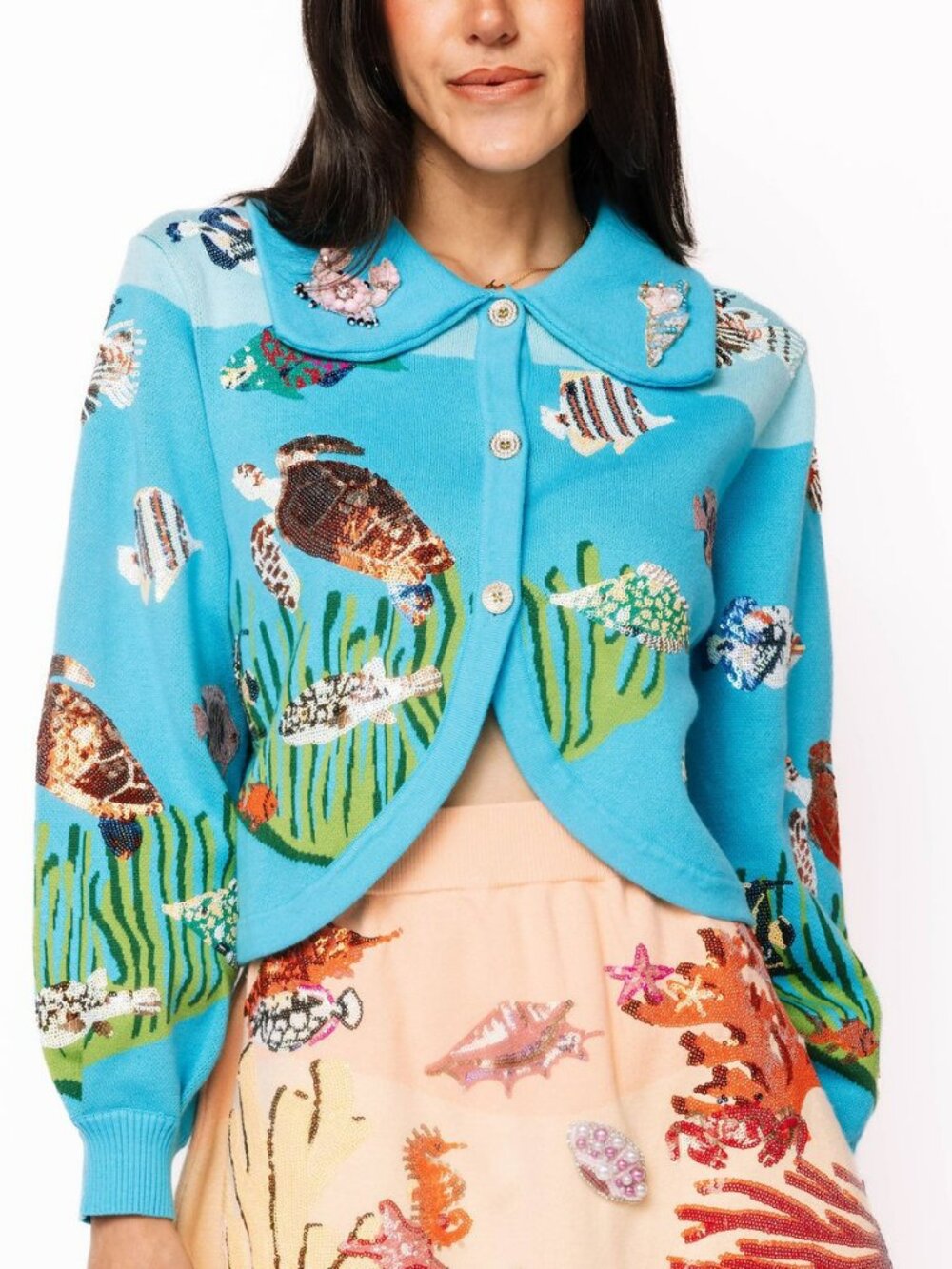 NWT Queen of Sparkles Blue Under the Sea Button-Up Collar Cardigan - Picture 4 of 4